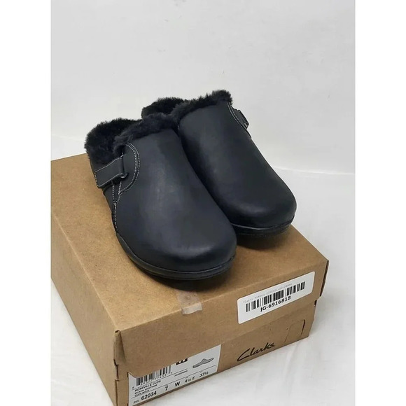 Clarks Roseville Clog Black Faux-Fur size 7 W - Picture 1 of 10